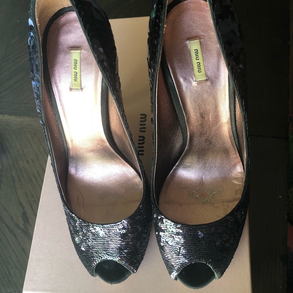 Miu Miu Black iridescent sequin peep toe pumps